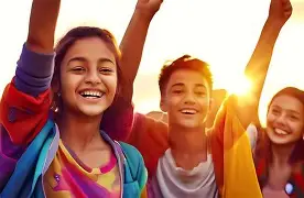 Youth with arms raised in the air celebrating